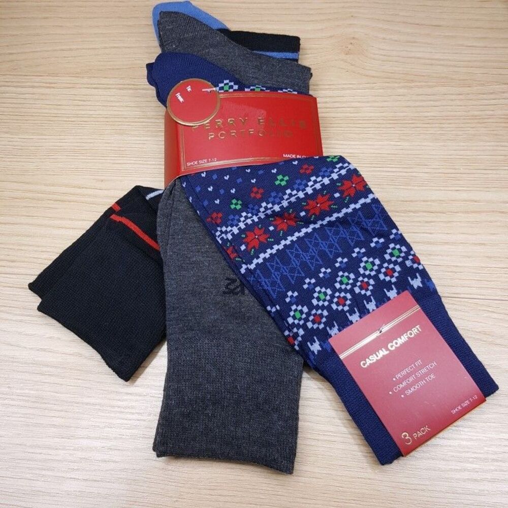 PERRY ELLIS Dress Socks 3-Pack Blue Black Gray Stripe Fair Ise Solid